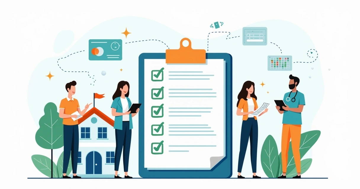 Ilustração de equipe escolar e de saúde alinhando formulário de checklist