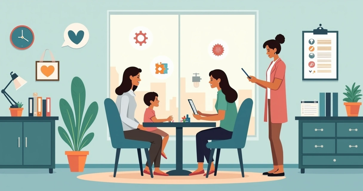 Família e profissionais conversando sobre desenvolvimento infantil em consultório