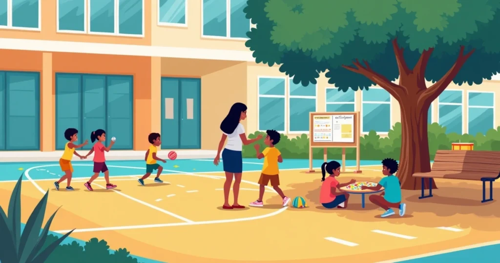 Crianças no recreio de escola compartilhando quadra com cantinho calmo organizado