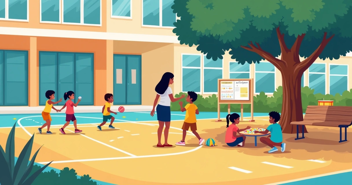 Crianças no recreio de escola compartilhando quadra com cantinho calmo organizado