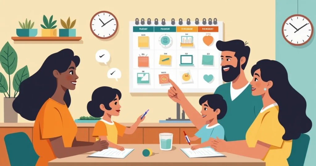 Família criando combinados com agenda visual sobre a mesa da cozinha