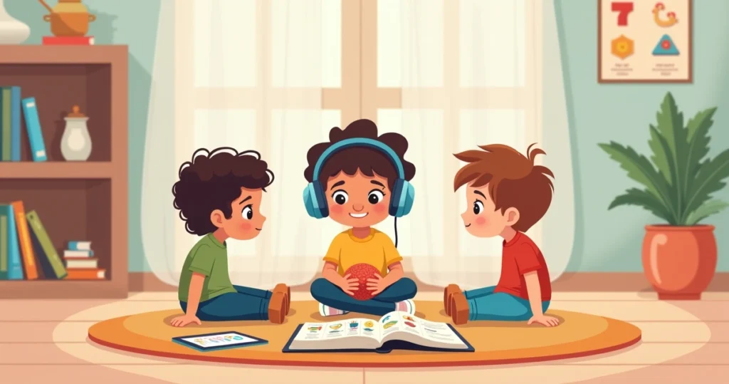 Irmãos sentados no chão da sala conversando sobre autismo com apoio de materiais visuais