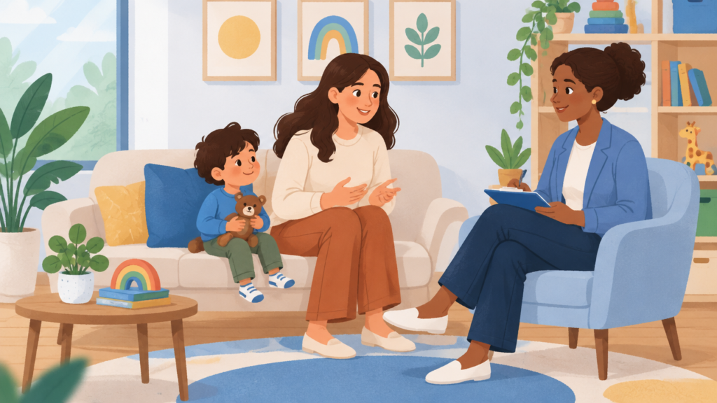 Cuidadora e criança conversam com uma terapeuta em um primeiro encontro acolhedor