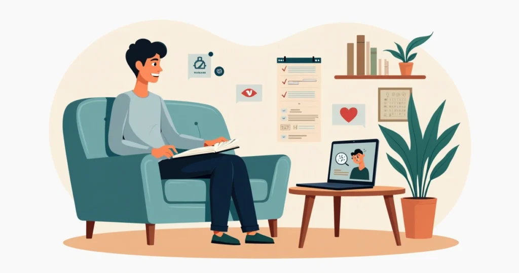 Adulto revisando anotações para conversa com terapeuta em ambiente calmo